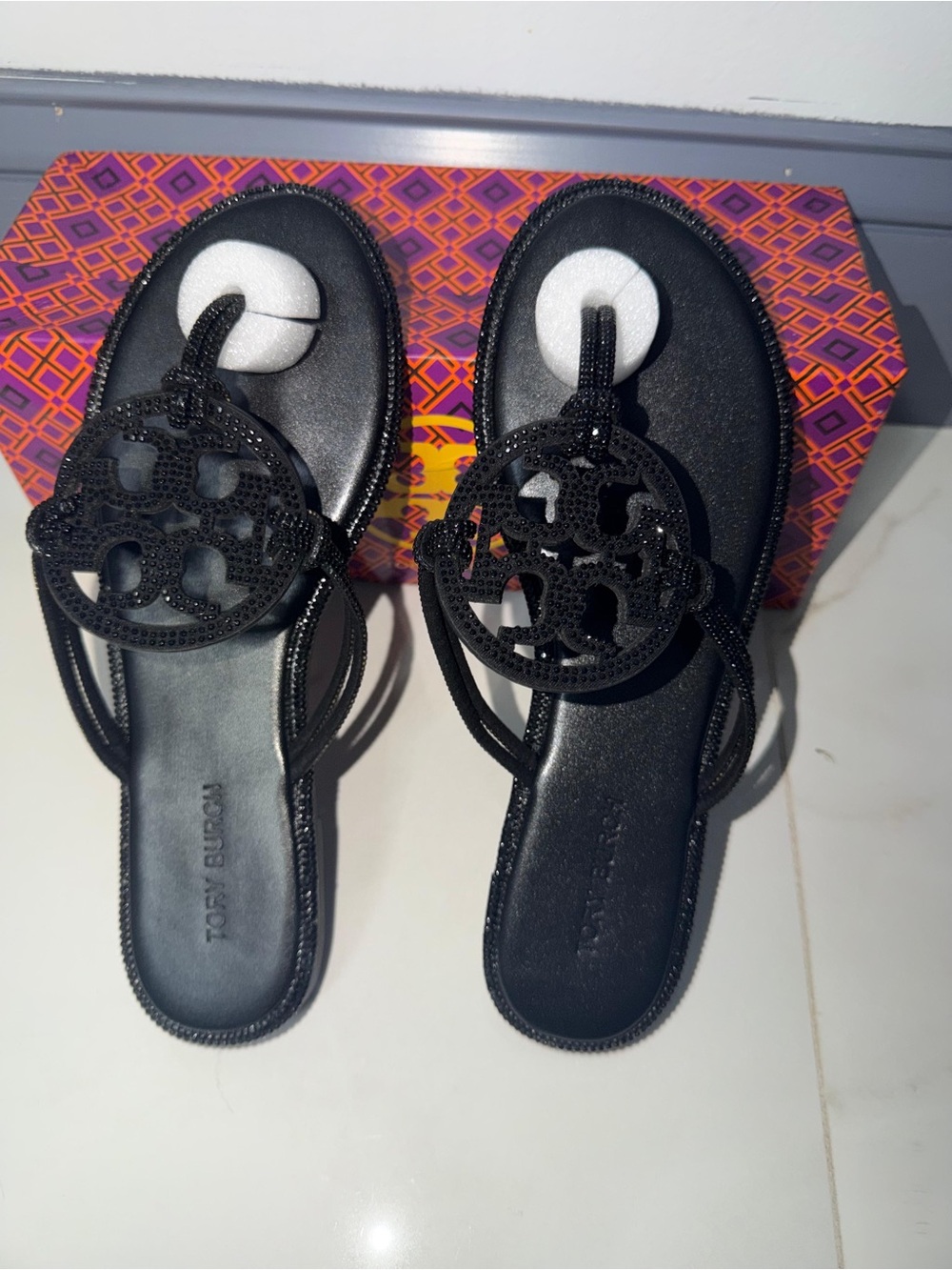 Tory Burch Black Jeweled Miller Thong Sandals